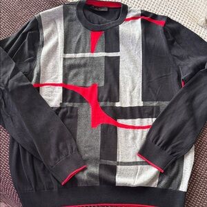 Carolina Herrera Black, Gray & Red Geometric Crewneck Sweater
